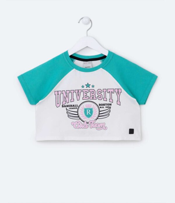 Blusa Cropped Infantil em Ribana com Estampa University
