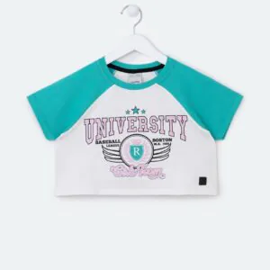 Blusa Cropped Infantil em Ribana com Estampa University