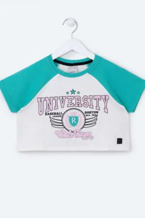 Blusa Cropped Infantil em Ribana com Estampa University