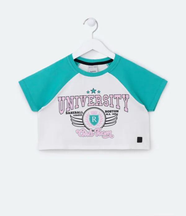 Blusa Cropped Infantil em Ribana com Estampa University - Blusa Cropped Infantil em Ribana com Estampa University